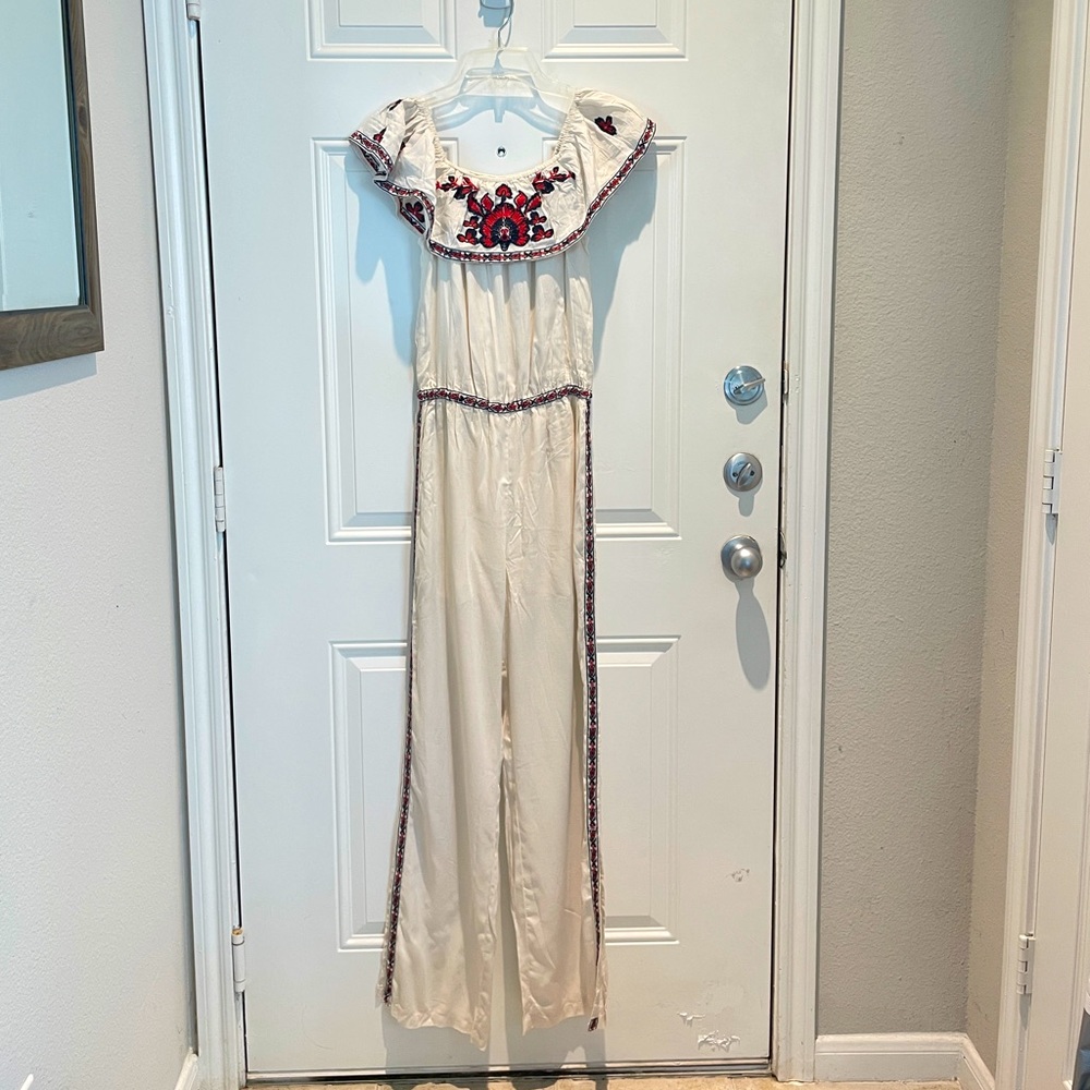 RAGA Cream Embroidered Boho Sleeveless Off-Shoulder Jumpsuit Romper Size XS